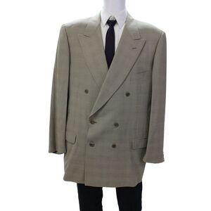 Trussini Men's Long Sleeves Lined Double Breast Beige Plaid Jacket Size 42